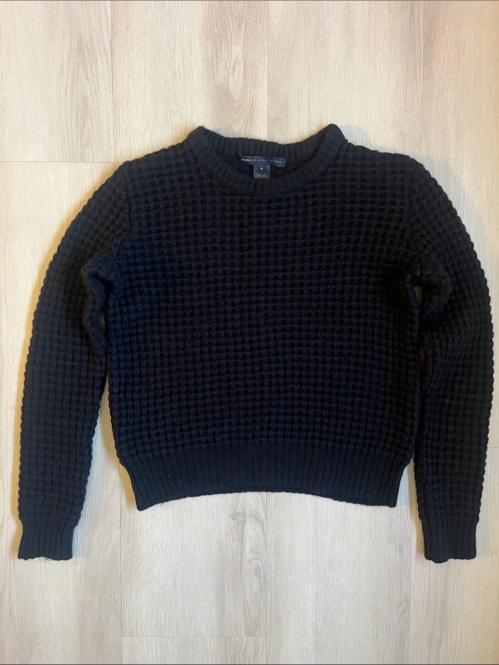 Marc by Marc Jacobs Black Waffle Knit Crewneck Wool Sweater - Small
